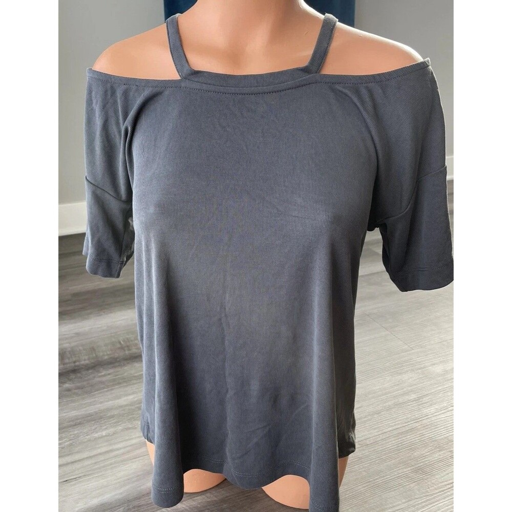 Harlowe Graham Gray Ribbed Cold Shoulder Blouse Top Size XS Stretch